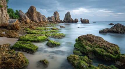 Fototapeta premium A tranquil shoreline features unique rock formations covered in vibrant green moss. The calm waters reflect the moody sky, showcasing a serene atmosphere at dusk near the ocean