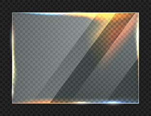 Glass plate with light leak effect and lens flare overlay. Acrylic and glass texture with light and glare. Realistic transparent glass window with light refraction effect. Vector