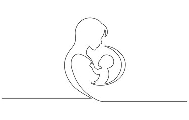 Happy family in continuous line art drawing style. Front view of parents with their little kid holding, Family portrait, friends hand drawn characters. Minimalistic contour illustration.
