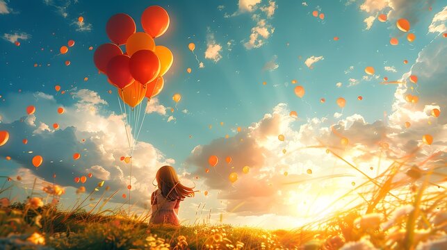 Joyful child sitting on bright, colorful balloons in a playful outdoor setting, surrounded by nature, radiating happiness, innocence, and carefree energy in a cheerful atmosphere.

