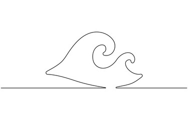 Continuous one line drawing water splashes wave twirl isolated surge blue sparks breaker, Single line sea wave minimal tattoo sketch. Vector illustration.