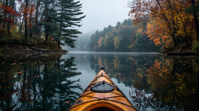 Kayak floating on a serene lake in autumn