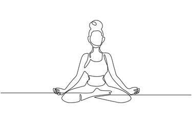 Single line drawing of a girl sitting in a yoga pose. Doodle illustration of relaxing workout, Aerobic sport girl exercise for modern healthy lifestyle, women performing yoga line art.