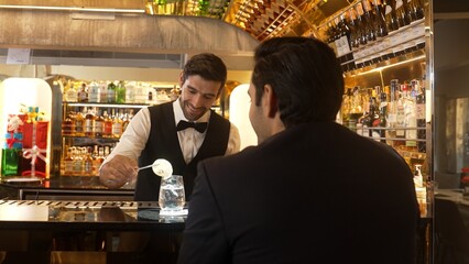 Smart bartender serving drink gin fizz with lemon sliced to VIP guest while waiting friend at luxurious counter bar. Barman providing excellent service at vibrant nightlife party atmosphere. Vinosity.