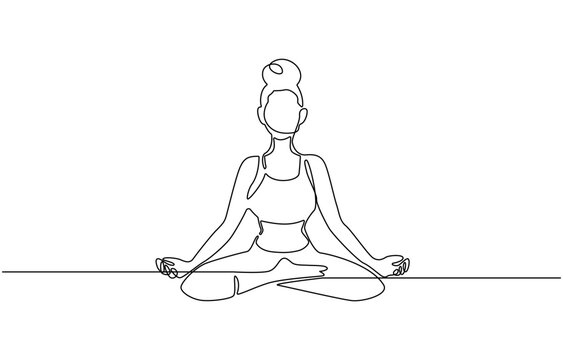Single line drawing of a girl sitting in a yoga pose. Doodle illustration of relaxing workout, Aerobic sport girl exercise for modern healthy lifestyle, women performing yoga line art.