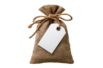 A blank tag on the front of an open brown burlap bag, isolated on a transparent background.