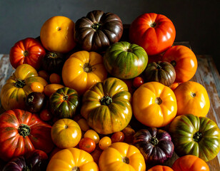 Heirloom tomato harvest. Fresh organic tomatoes. Professional photoshoot. 