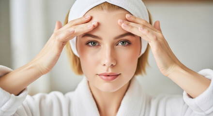 Naklejka premium A young woman with a headband gently touches her forehead, focusing on skincare and beauty