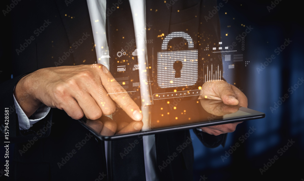 Poster cybersecurity protection system showing password encryption, fingerprint id, cloud security, email, 