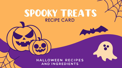 Halloween themed recipe card with pumpkins, bat, ghost, and spiderwebs on an orange and purple background