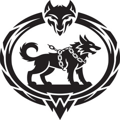 Black and white emblem of a chained wolf inside a circle with a wolf head at the top and a w at bottom
