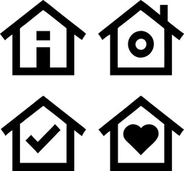 Vector home icons for real estate, websites, and mobile apps. Includes flat, outline, and filled styles.