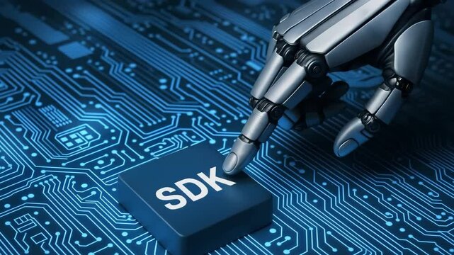 A silver robotic finger clicks a blue sdk key on intricate circuit board. Concept of automated software development kit activation.