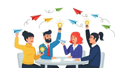 Obraz premium Flat design of creative team around table with flying paper planes, innovative idea exchange, group creativity, concept development session, business imagination scene