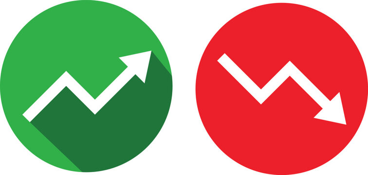 Green and Red Circular Icons Showing Upward and Downward Trending White Arrows with Long Shadows