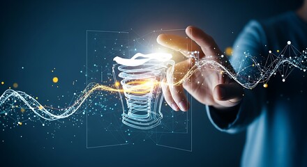 Additive manufacturing and 3D printing concept. An engineer's hand "prints" a holographic 3D object, symbolizing rapid prototyping and industrial innovation.