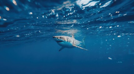 Naklejka premium A shark glides gracefully through the crystal-clear ocean water, showcasing its sleek form and natural behavior. Sunlight filters through the surface, illuminating this tranquil scene