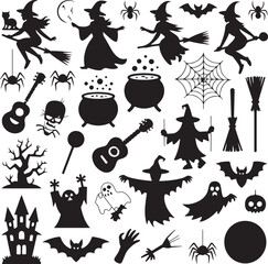 Spooky Halloween Elements Silhouette Vector Set

Witch Flying on Broom with Bats Halloween Clipart

Haunted House with Pumpkin and Bats Silhouette Design

Creepy Halloween Scene with Ghosts and Full M