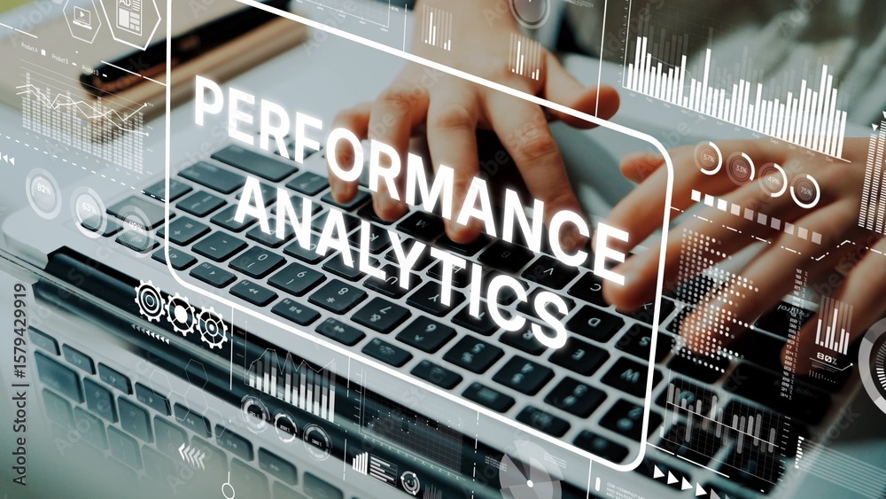 Poster hands on laptop with performance analytics overlays featuring data visualization and digital insight