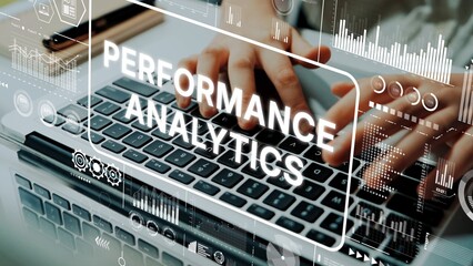 Hands on Laptop with Performance Analytics Overlays Featuring Data Visualization and Digital Insights. Asymptotic smart data analytic.
