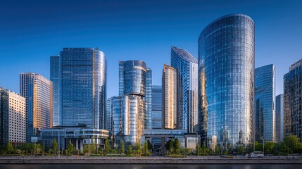 Obraz premium Skyscrapers dominate the skyline in a bustling business district during midday. Glass facades reflect the brilliant blue sky, showcasing modern architecture and urban life