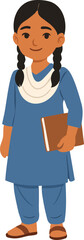A cheerful schoolgirl with braided hair stands holding a book, dressed in a traditional blue salwar kameez with a white scarf.