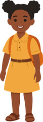 A smiling young schoolgirl with puffy hair stands confidently wearing a yellow uniform dress and orange backpack.