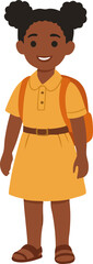 A smiling young schoolgirl with puffy hair stands confidently wearing a yellow uniform dress and orange backpack.