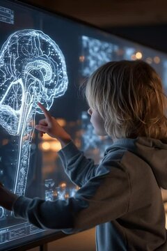 Child Exploring Digital Brain Interface on Futuristic Touchscreen Display