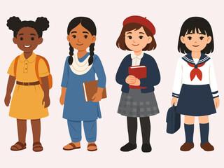 Naklejka premium Four schoolgirls from different cultural backgrounds stand side by side, each wearing a distinct traditional or regional school uniform.