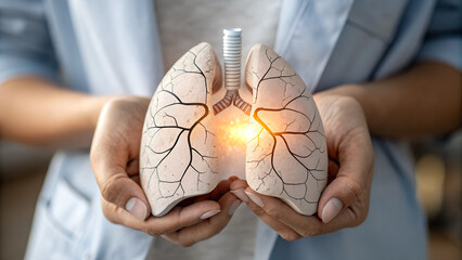 Hands gently holding lungs, representing respiratory health, protection, and the importance of breathing freely