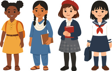 Four schoolgirls from different cultural backgrounds stand side by side, each wearing a distinct traditional or regional school uniform.