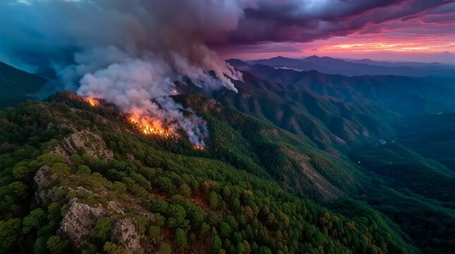 Aerial View of Spreading Wildfire Across Mountain Forest at Sunset