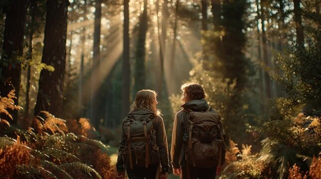 Two Hikers Walking Through Sunlit Forest in Autumn