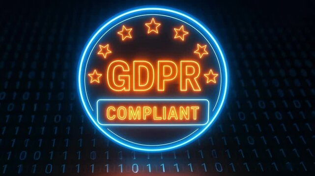 A neon badge marked gdpr compliant shines above a matrix of ones and zeros. Concept of digital information protection.