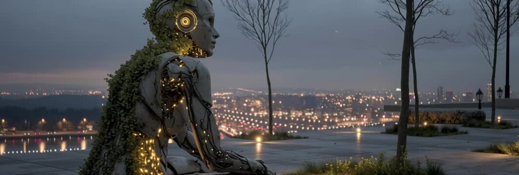Bioluminescent Robot Sitting at Dusk Overlooking City Lights