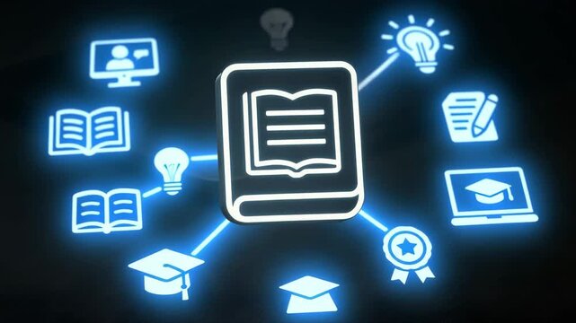 A luminous book icon radiates lines toward bulbs caps and screens in dark space. Concept of digital education network.