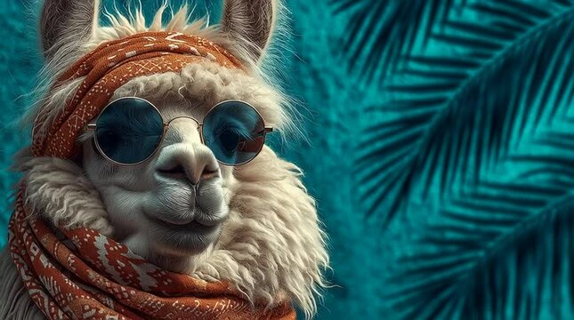 Fashionable Llama Wearing Sunglasses and Scarf Against Tropical Backdrop