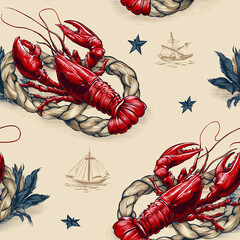 Nautical themed pattern with lobsters, ropes, and ships