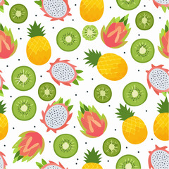Colorful Tropical Fruit Pattern with Pineapples Kiwis and Dragon Fruit
