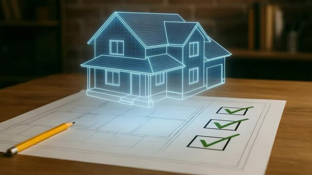 A holographic house model levitates above a floorplan sheet with pencil and green check marks. Concept of real estate project approval.