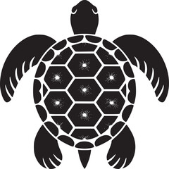 Stylized black sea turtle with hexagonal patterned shell on a light beige background design element