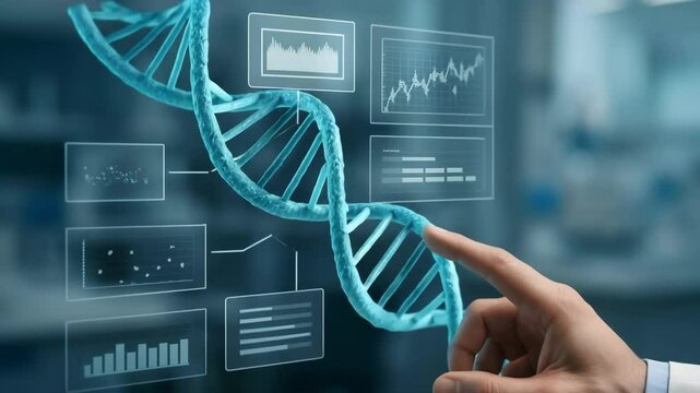 A hand in laboratory environment points at a glowing dna double helix surrounded by analytics panels. Concept of genomic data analysis. - Powered by Adobe