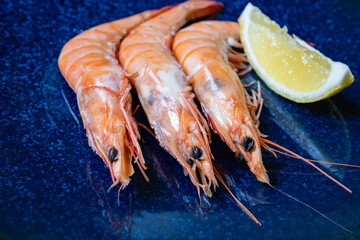 Close-up Three Cooked Prawns on a Blue Plate Served with a Wedge of Lemon