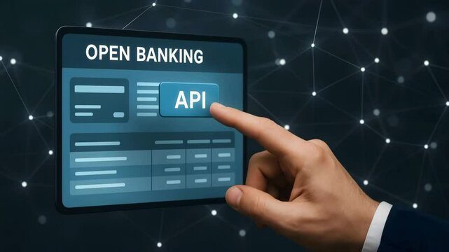 A business hand presses blue api tile on open banking interface surrounded by network lines. Concept of fintech connectivity.