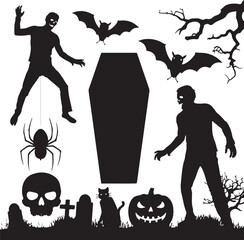 Spooky Halloween Elements Silhouette Vector Set

Witch Flying on Broom with Bats Halloween Clipart

Haunted House with Pumpkin and Bats Silhouette Design

Creepy Halloween Scene with Ghosts and Full M
