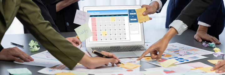 Analyst team use sticky note for creative and analytic brainstorm for business idea with BI data...
