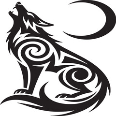 Stylized black wolf howling at a crescent moon in a tribal tattoo design on a white background
