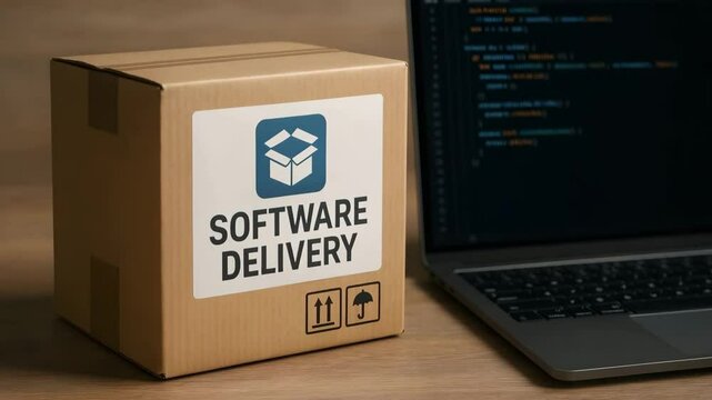 A cardboard box marked software delivery stands beside laptop displaying code lines. Concept of packaged software deployment.