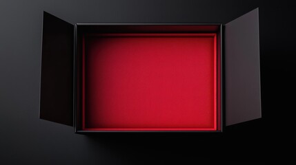 A sleek, black rectangular box with open flaps revealing a vibrant red textured interior, set against a dark background.